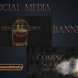 May include: A dark banner with gold text that reads "SOCIAL MEDIA" and "BANNER". The banner also features a perfume bottle with the text "MIDNIGHT CROWN" and "COMING SOON LUXURY SCENT". The banner also includes the text "BY:AnestelleStudio".