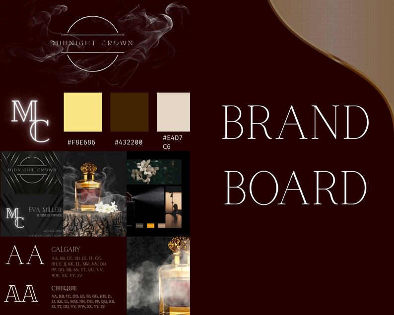 May include: A brand board with the text "BRAND BOARD" in white. The board features a logo, color swatches, and images of a perfume bottle. The color palette includes shades of yellow, brown, and beige. The logo says "MIDNIGHT CROWN".