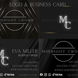 May include: A collection of business card designs and a logo for "Midnight Crown". The designs feature a dark background with geometric patterns and white text. The logo includes a crown design and the initials "MC". Contact information and social media icons are also displayed.