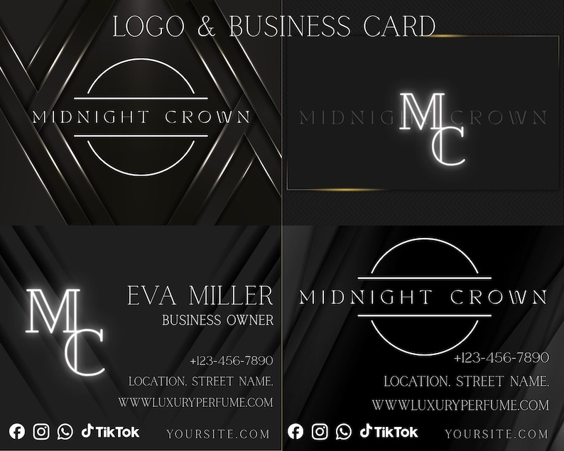 May include: A collection of business card designs and a logo for "Midnight Crown". The designs feature a dark background with geometric patterns and white text. The logo includes a crown design and the initials "MC". Contact information and social media icons are also displayed.