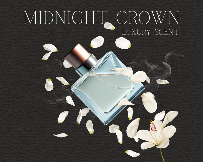 May include: A light blue perfume bottle with a copper-colored cap, surrounded by white flower petals. The words "MIDNIGHT CROWN LUXURY SCENT" are displayed in white text against a dark background. Wisps of vapor emanate from the bottle.