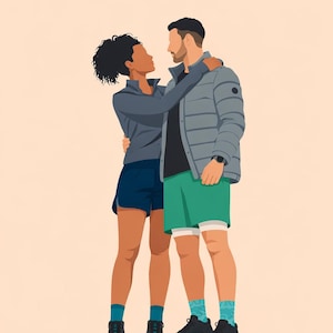 Peut inclure: Illustration d'un couple enlacé. La femme porte une veste et un short de sport bleus, tandis que l'homme porte une doudoune grise et un short vert. Tous deux portent des chaussures de sport et des chaussettes. Le fond est de couleur pêche unie.