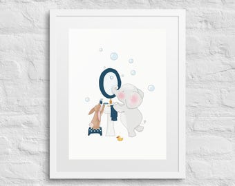 Gerahmtes Badezimmer Poster mit Elefanten und Hase - Matte Paper Wall Art