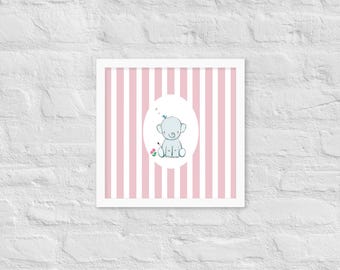 Gerahmtes Elefant-Kinderzimmer Art Print: Rosa Streifen, Matte Papier Poster