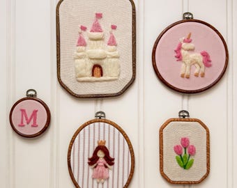 Prinzessin gefilztes Hoop-Kunst-Set - Prinzessin, Schloss, Einhorn, Tulpe, Initiale