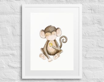 Affe Aquarell Art Print, Kinder Kinderzimmer Dekor, Matte Papier, Holzrahmen