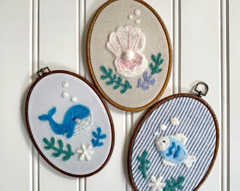 Gefilzte Ozean Wal Fisch Muschel Hoop Art, Kinderzimmer Meerestier Wandbehang
