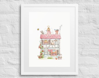 Toskanische Villa Aquarelldruck, Landhaus Szene, Matte Papier, Rahmen aus abbaubaren Holz