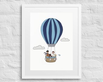 Heißluftballonfahrt Druck | Kinderzimmer Wandbild (gerahmtes Poster)