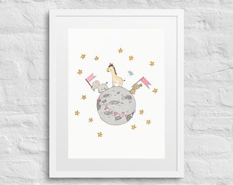 Gerahmte Kinder Safari Tiere Mond Druck - Matte Papier Wandkunst