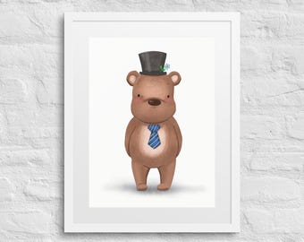 Gerahmter Bär Druck: Elegantes Gentleman Kunstwerk, Kinderzimmer Wand Dekoration
