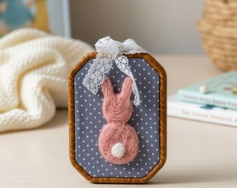 Pink Bunny Felted Wall Art, Nursery Decor, Handmade Felt Animal, Baby Room Hanging
