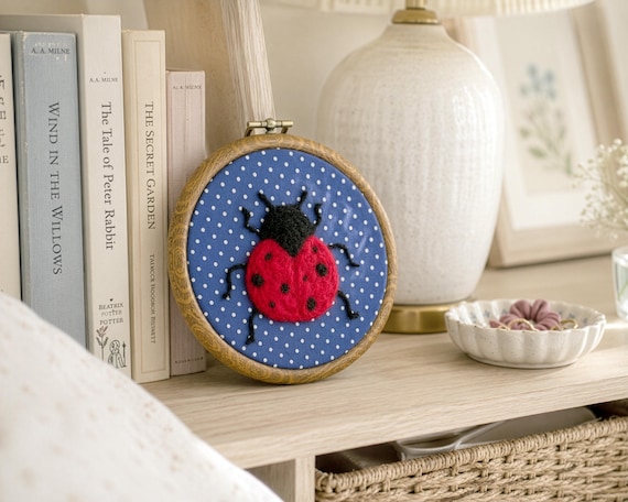 Needle Felted Ladybug Wall Art, Handmade Nursery Decor, Vintage Home Decor
