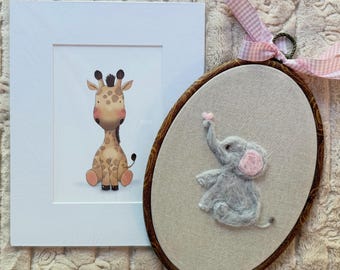 Gefilzte Wandbild Elefant + Giraffendruck, Safari Reif, Wolle Tiere