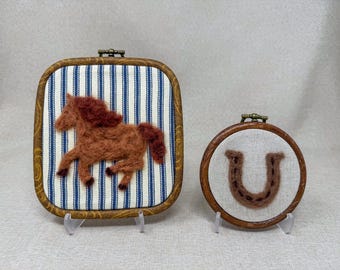Hand Felted Horse and Horseshoe Wall Art, Wool Embroidery Equestrian Decor