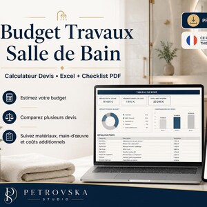 Pode incluir: Um laptop e um tablet exibem uma interface de planejamento de orçamento com o texto "Budget Travaux Salle de Bain". A imagem inclui uma toalha, uma pequena planta e o texto em francês: "Ce produit est en français". O produto digital é uma calculadora, um arquivo Excel e uma lista de verificação em PDF.