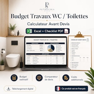 Peut inclure: Publicité pour un calculateur de budget de rénovation de salle de bain. L'image montre un ordinateur portable affichant une répartition du budget, une liste de contrôle et des icônes pour l'estimation du budget et la comparaison des coûts. Le texte dit "Budget Travaux WC / Toilettes".