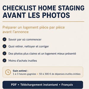 Peut inclure: Visuel bleu marine et crème avec le texte "CHECKLIST HOME STAGING AVANT LES PHOTOS". L'image comprend une liste de contrôle, un logo et du texte en français sur la préparation d'une maison pour les photos.