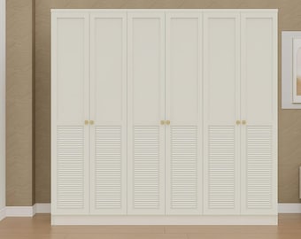 Large 6-Door Wooden Wardrobe with 2 Drawers, Valensiya Modern Clothes Closet, Freestanding Bedroom Armoire, Spacious Storage Cabinet