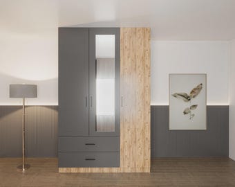 Mirrored 3-Door Wooden Wardrobe with 2 Drawers, Latre Modern Clothes Closet with Mirror, Freestanding Bedroom Armoire, Dresser Storage