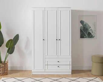 Modern 3-Door Wooden Wardrobe with 2 Drawers, Lia Minimalist Clothes Closet, Freestanding Bedroom Armoire, Sleek Storage Organizer Cabinet