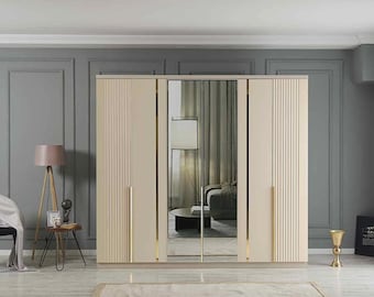 Beige 6-Türiger Kleiderschrank mit Spiegeln und Schubladen, Moderner Holz Schrank, Großer Schlafzimmer Schrank, Kleidung Organizer, Freistehende Aufbewahrungseinheit