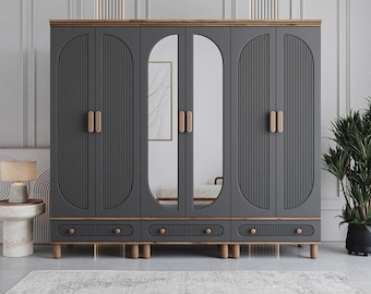 Anthracite 6-Door Wardrobe with Drawers, Modern MDF Closet with Mirrors, Large Bedroom Wardrobe, Clothing Organizer, Free Standing Armoire