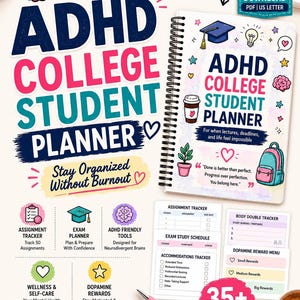 Op de afbeelding: Een spiraalgebonden ADHD-studentenplanner voor de universiteit met een witte kaft voorzien van iconen van een afstudeerhoed, gloeilamp, koffiebeker, plant en rugzak. De tekst luidt ADHD College Student Planner en 35+ Pages.