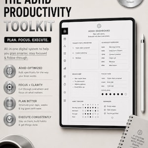 Peut inclure: Un kit d'outils de productivité numérique pour TDAH affiché sur une tablette, comprenant un tableau de bord avec des sections pour les priorités, les horaires, les tâches, le suivi des habitudes et des rappels, avec un stylet et un carnet.