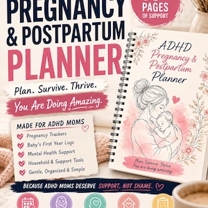 Peut inclure: Un planificateur intitulé "ADHD Pregnancy & Postpartum Planner" avec une reliure à spirale. La couverture présente une illustration rose et blanche d'une mère et d'un bébé. Il comprend des sections pour les suivis de grossesse, les journaux de la première année de bébé et le soutien en santé mentale.