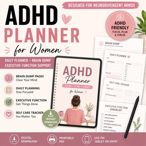 Op de afbeelding: Een ADHD-planner voor vrouwen, ontworpen voor neurodivergente geesten. De omslag toont een vrouw en de tekst "ADHD Planner: Focus, Plan, Thrive for Women." Bevat dagelijkse planner, brain dump en ondersteuning voor executieve functies. Digitale download beschikbaar.