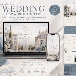 May include: A digital wedding website template in dusty blue and ivory, displayed on a laptop and smartphone. The screen shows a chateau image with the text Charlotte and Alexander. Includes five pages, RSVP, countdown, music, and gallery features.