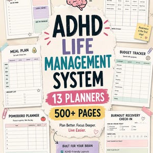 May include: A digital ADHD life management system with 13 planners and 500+ pages. Includes templates for brain dumps, time blindness tracking, meal planning, budget tracking, pomodoro sessions, and burnout recovery check-ins with colourful accents.