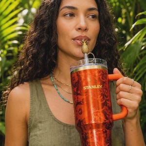 May include: A large, orange Stanley tumbler with a floral pattern and an orange handle. The tumbler has a gold rim and a pineapple-shaped straw topper. The word "STANLEY" is printed on the side of the tumbler.