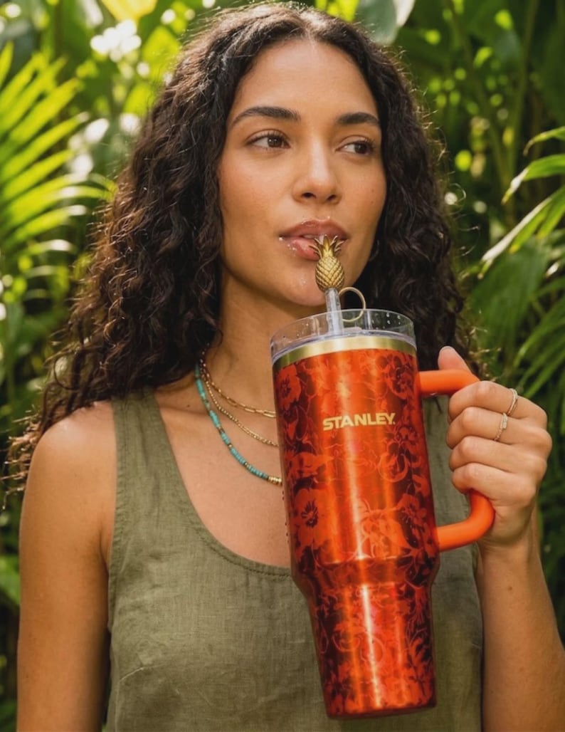 May include: A large, orange Stanley tumbler with a floral pattern and an orange handle. The tumbler has a gold rim and a pineapple-shaped straw topper. The word "STANLEY" is printed on the side of the tumbler.
