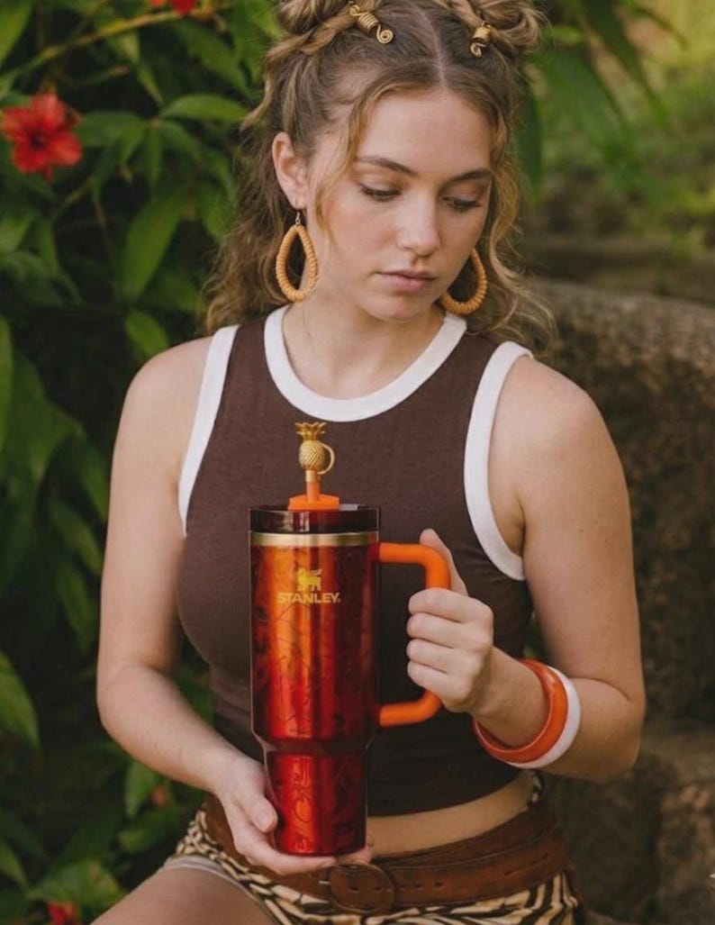 May include: A large, red and orange insulated tumbler with a handle. The tumbler has the brand name "STANLEY" printed on the side. It features a pineapple-shaped stopper and is held by a person wearing a brown tank top.