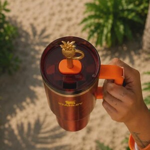 May include: A copper-colored Stanley travel mug with an orange handle and lid. The lid features a gold pineapple-shaped charm. The mug is held by a person's hand, with a beachy background of sand and greenery.