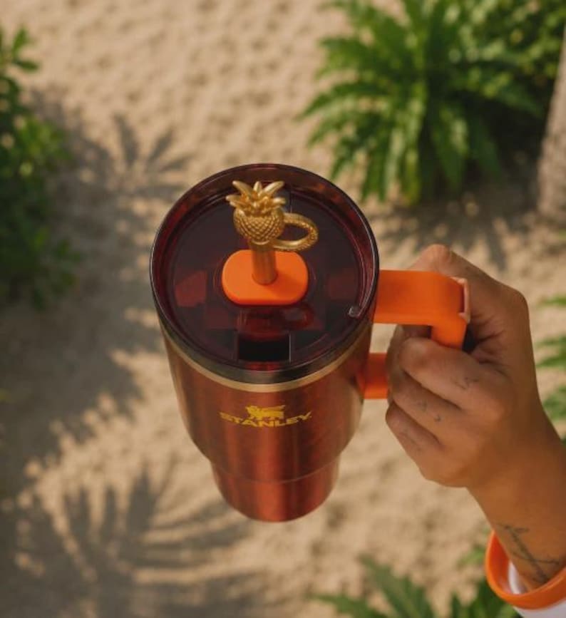 May include: A copper-colored Stanley travel mug with an orange handle and lid. The lid features a gold pineapple-shaped charm. The mug is held by a person's hand, with a beachy background of sand and greenery.