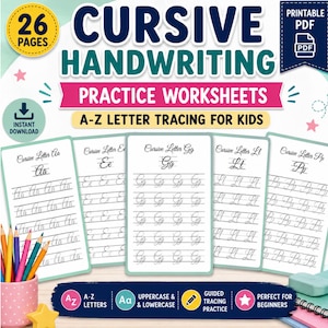 May include: A set of 26 printable PDF cursive handwriting practice worksheets featuring A-Z letter tracing for kids. The pages display uppercase and lowercase letters with guided lines for practice. Includes a pink pencil holder with colored pencils.
