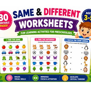Same and Different Worksheets for Preschoolers | Visual Discrimination Activities | Matching Worksheets for Ages 3-5