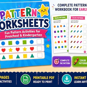 Fichas de trabajo sobre patrones para preescolar y jardín de infancia / Actividades de patrones de formas y colores / Cuaderno de ejercicios de reconocimiento de patrones