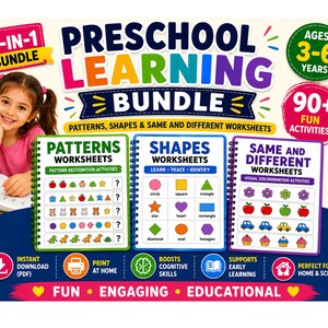 Patterns, Shapes & Same and Different Worksheets Bundle, Pattern Recognition Activities, Preschool Pre K Printable PDF