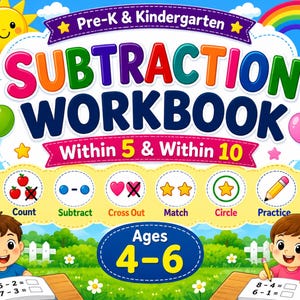May include: A colorful Pre-K & Kindergarten Subtraction Workbook for ages 4-6. The cover features a sun, rainbow, balloons, and two children writing math problems. Icons illustrate counting, subtracting, crossing out, matching, circling, and practice.