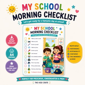 Op de afbeelding: Een ochtendchecklist voor school voor kinderen met een lijst van dagelijkse taken en iconen, waaronder wakker worden, bed opmaken, tanden poetsen, gezicht wassen, haar borstelen, aankleden, ontbijten, lunch inpakken en schooltas klaarmaken.