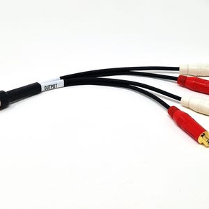 May include: Black audio cable with a silver connector and three RCA connectors. Two RCA connectors are white, and one is red. The word "OUTPUT" is printed on a white label on the cable.