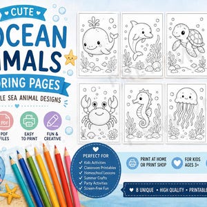 May include: A set of eight printable coloring pages featuring black and white line art of ocean animals including a whale, dolphin, turtle, octopus, crab, seahorse, jellyfish, and starfish, with blue text reading Cute Ocean Animals Coloring Pages.