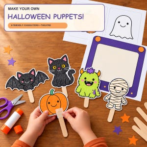 May include: A DIY Halloween puppet craft kit featuring a paper theater and six characters including a bat, cat, pumpkin, monster, and mummy. Includes wooden sticks, glue stick, scissors, and printed sheets with the text MAKE YOUR OWN HALLOWEEN PUPPETS!