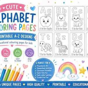 Puede incluir: Un conjunto de páginas para colorear del alfabeto imprimibles con 26 diseños con letras de la A a la Z, ilustraciones de animales y etiquetas de texto. El diseño incluye gráficos coloridos, un arcoíris, nubes, estrellas y lápices de colores.