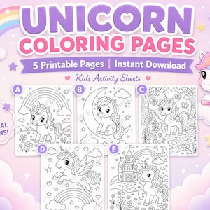 Może przedstawiać: Zestaw pięciu kolorowanek z jednorożcami do druku z czarno-białymi rysunkami liniowymi. Tekst zawiera UNICORN COLORING PAGES, 5 Printable Pages, Instant Download, Kids Activity Sheets, 5 MAGICAL DESIGNS oraz oznaczenia od A do E.