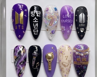 BTS OT7 Violette Konzert Press-On Nägel | Kpop ARMY inspiriert handgemachtes Nagel Set | Love Yourself Individuelle Nägel mit BTS Logo & Bulletsicher Design